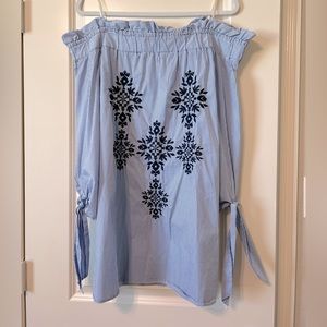 Blu Pepper Striped & Embroidered Off the Shoulder Dress